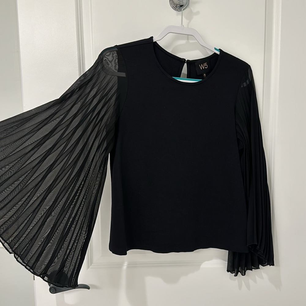 W5 Black Pleated Long Sleeve Office Blouse Top